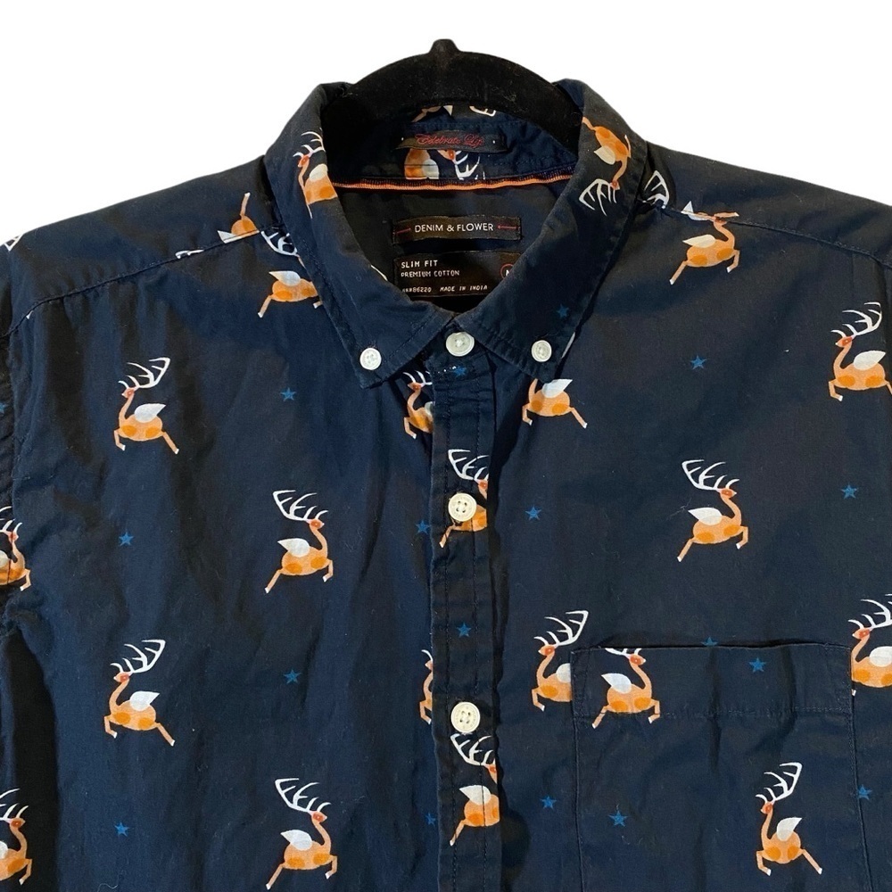 Denim & Flower Slim Fit Premium cotton Deer Print Men's Button Up Shirt Size M